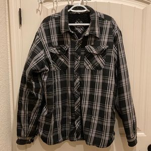 Dickie Flannel Shacket Black and Grey Plaid Snap Closure Sherpa Lining Pockets